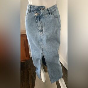 Denim Midi Skirt with Front Slit/front cross over zipper detail